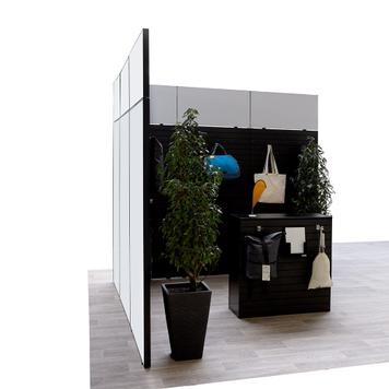 FlexiSlot® Lamellenwand Messestand „Style-Black“ 2.850 x 2.800 mm Eckstand