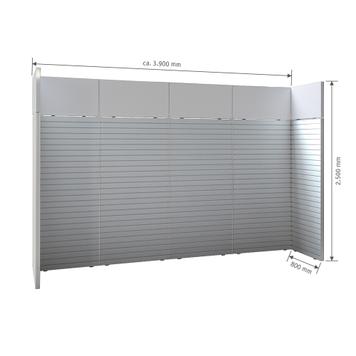 FlexiSlot® Lamellenwand Messestand „Style“ 3.900 x 800 mm Kopfstand